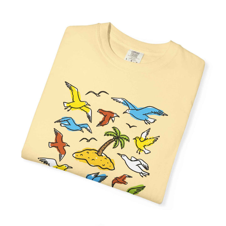 Coastal Calm Unisex Garment-Dyed T-shirt, Sea Birds Take Flight Graphic Summer Tee
