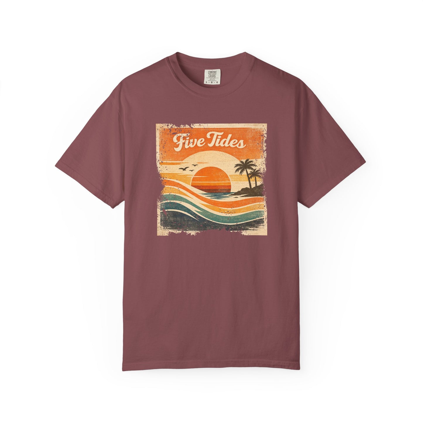 Vintage Beach Sunset Graphic Tee - Five Tides Coastal Surf T-Shirt