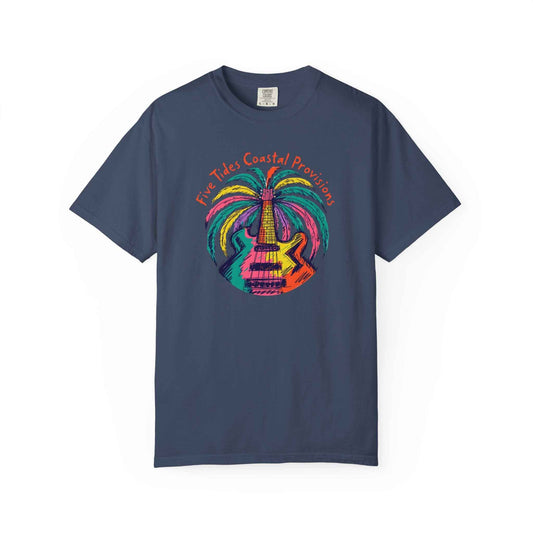 Guitar Palm Tree Graphic Art T‑Shirt - Five Tides Coastal Provisions Beach Vibe Cotton Tee