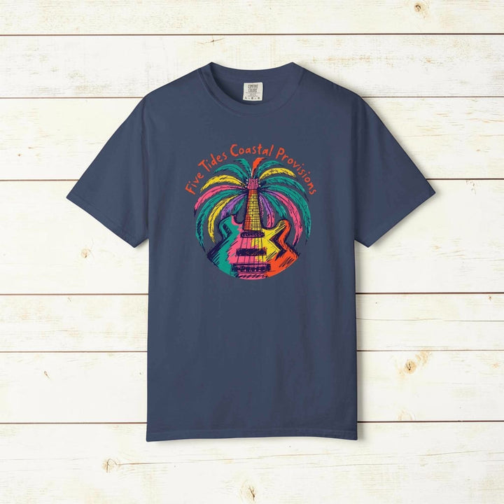 Guitar Palm Tree Graphic Art T‑Shirt - Five Tides Coastal Provisions Beach Vibe Cotton Tee