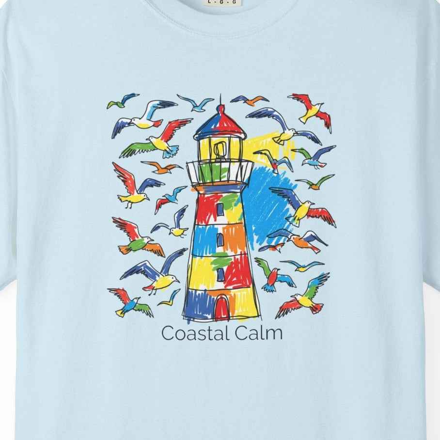 Coastal Calm Summer Lighthouse T-Shirt — Beachy Seagull Graphic Cotton Tee