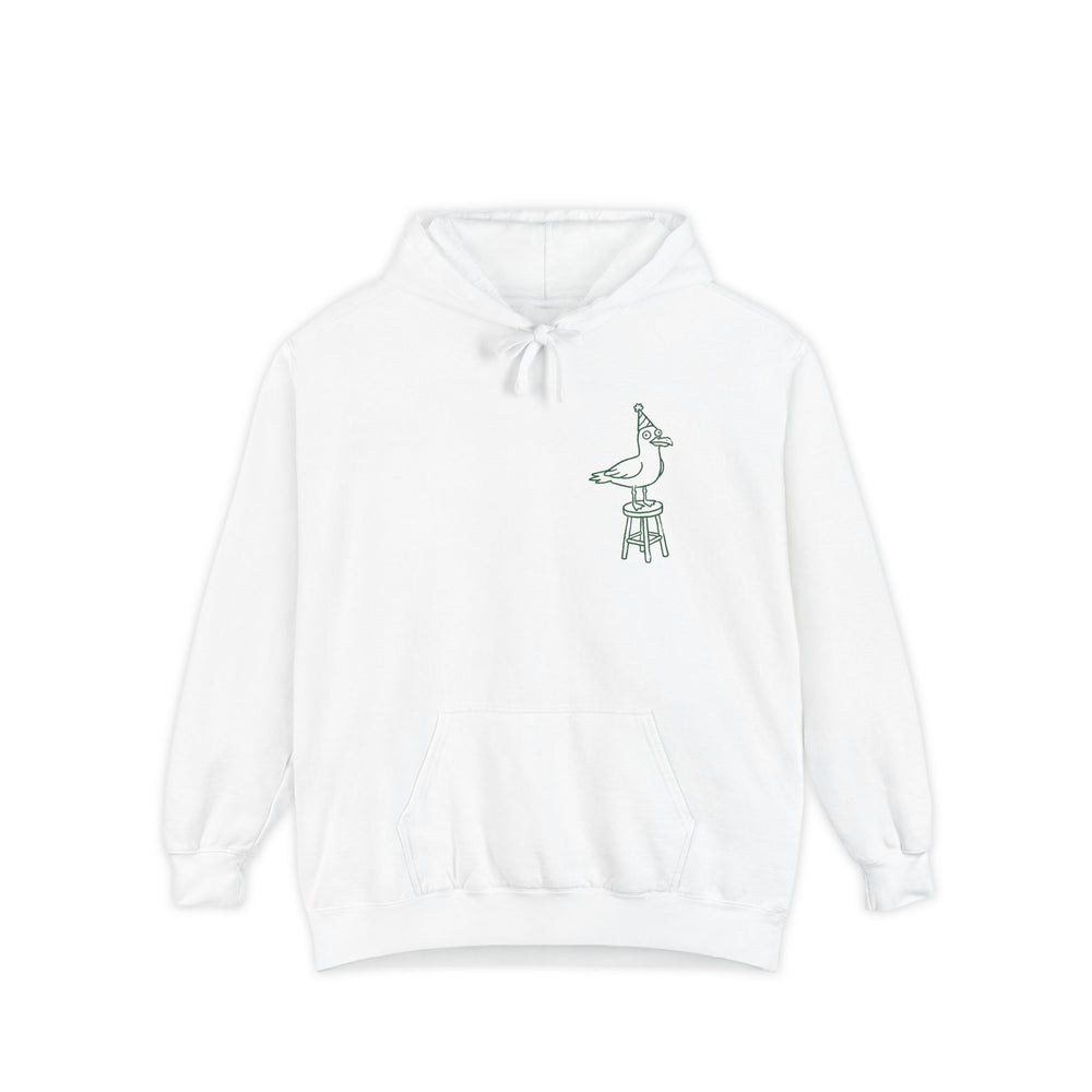 White hoodie with a small graphic on the chest against a white background