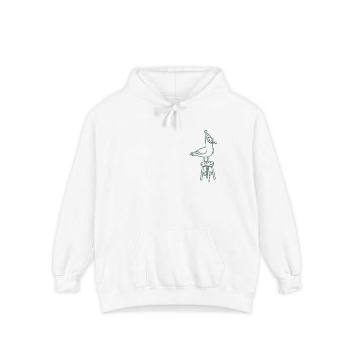 White hoodie with a small graphic on the chest against a white background