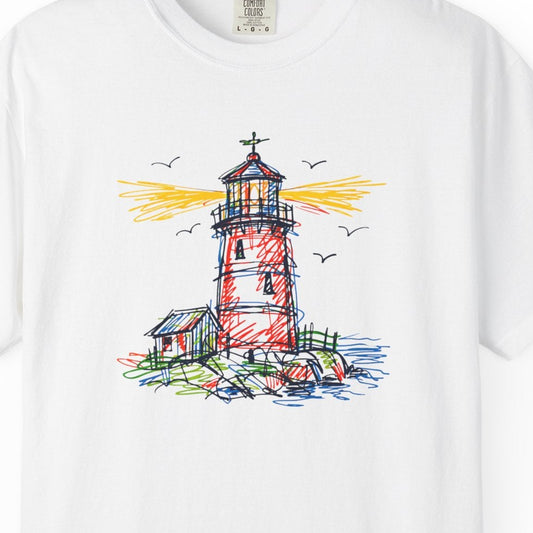 White t-shirt with a colorful lighthouse graphic on a white background