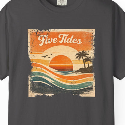 Gray t-shirt with 'Five Tides' graphic design featuring a sunset and palm trees on a white background.