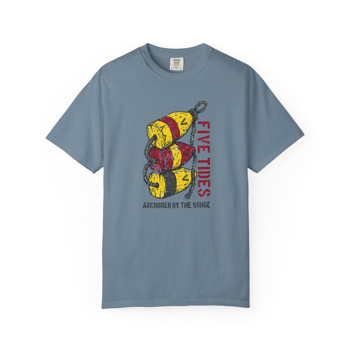 Blue t-shirt with fishing lure graphic and text on a white background