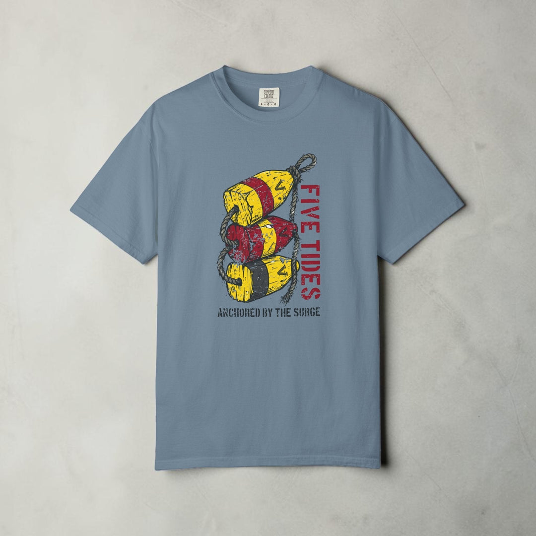 Blue t-shirt with fishing lure graphic and text on a white background