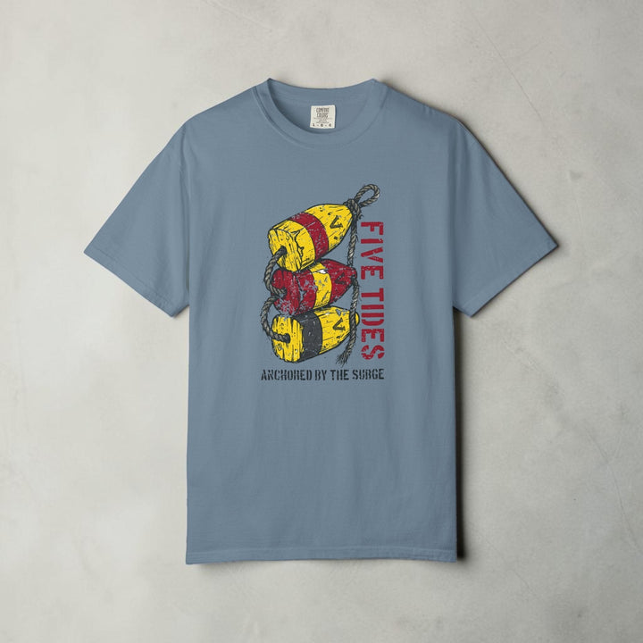 Blue t-shirt with fishing lure graphic and text on a white background