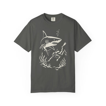 Shark Diver Garment-Dyed Graphic Tee, Ocean Lover Shirt, Beachwear for Him, Gift for Divers, Summer T-shirt, Adventure Apparel