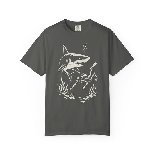 Shark Diver Garment-Dyed Graphic Tee, Ocean Lover Shirt, Beachwear for Him, Gift for Divers, Summer T-shirt, Adventure Apparel