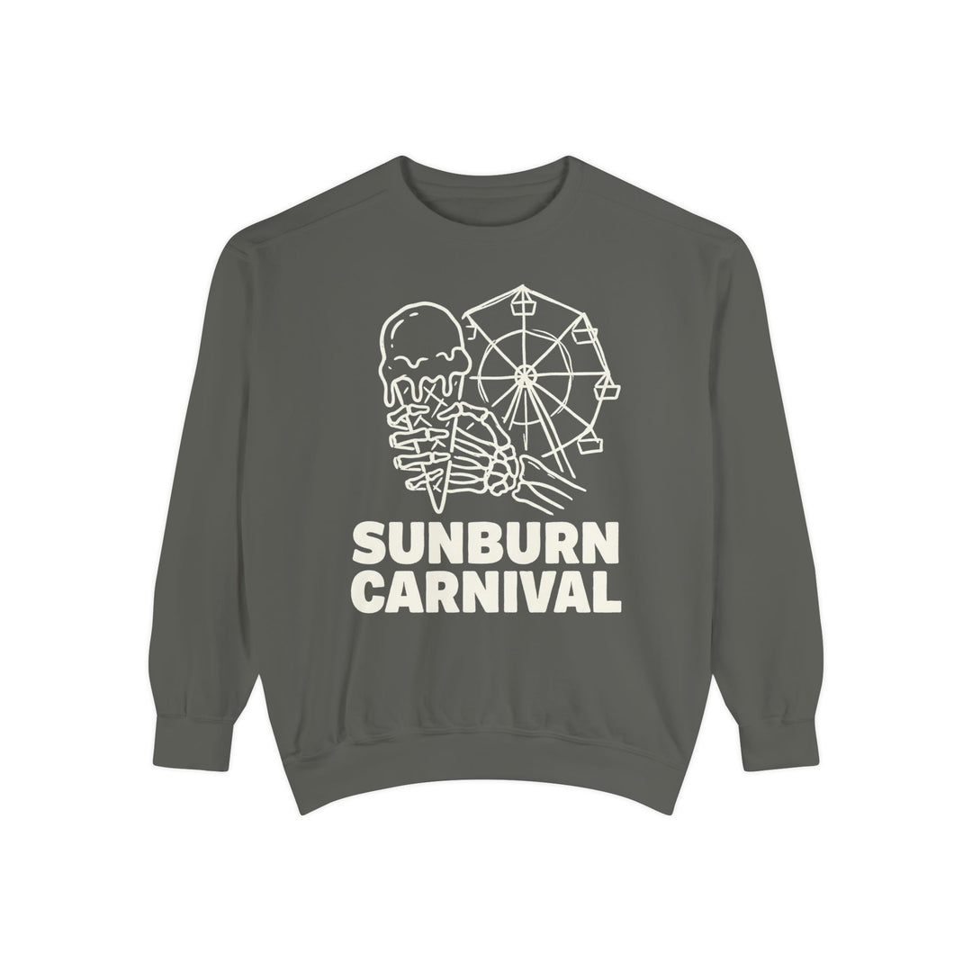 A dark gray crewneck sweatshirt featuring a white graphic print of an ice cream cone, a Ferris wheel, a skeleton hand, and the text &