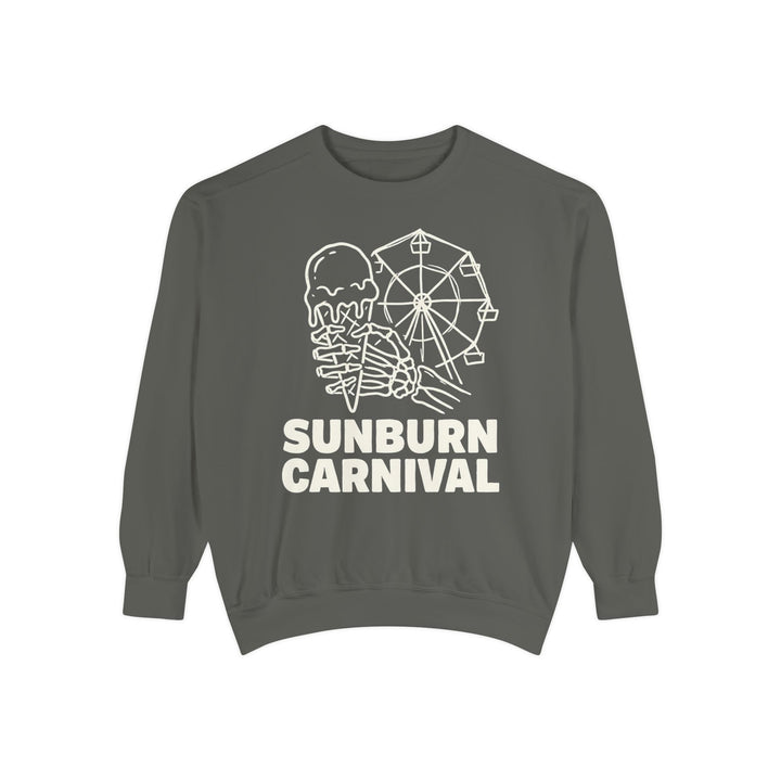 A dark gray crewneck sweatshirt featuring a white graphic print of an ice cream cone, a Ferris wheel, a skeleton hand, and the text &