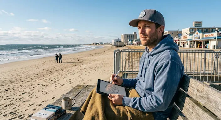 A man wearing a blue hoodie and a gray baseball cap sits on a wooden boardwalk bench overlooking a sandy beach, holding a tablet. A book and a mug are on the table next to him, with beachfront buildings visible in the background under a blue sky.