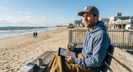 A man wearing a blue hoodie and a gray baseball cap sits on a wooden boardwalk bench overlooking a sandy beach, holding a tablet. A book and a mug are on the table next to him, with beachfront buildings visible in the background under a blue sky.