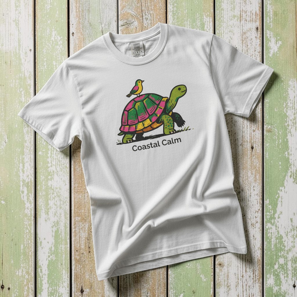 Coastal Calm Turtle Buddies white garment-dyed tee on faded driftwood planks
