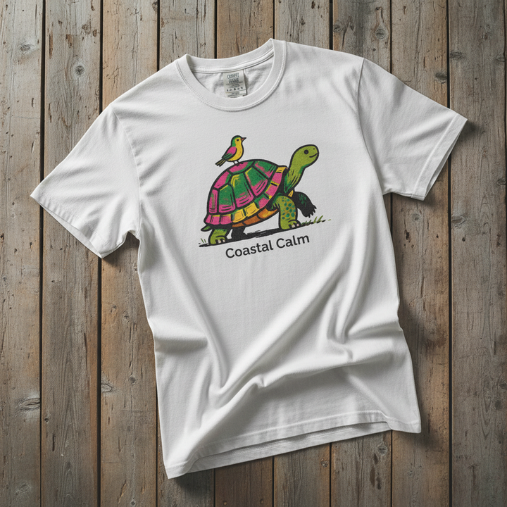 Coastal Calm Turtle Buddies white garment-dyed tee on faded driftwood planks