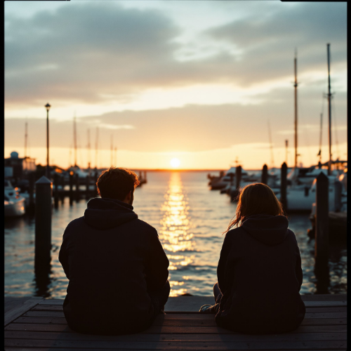 Two people sitting on a dock watching the sunset over water.
