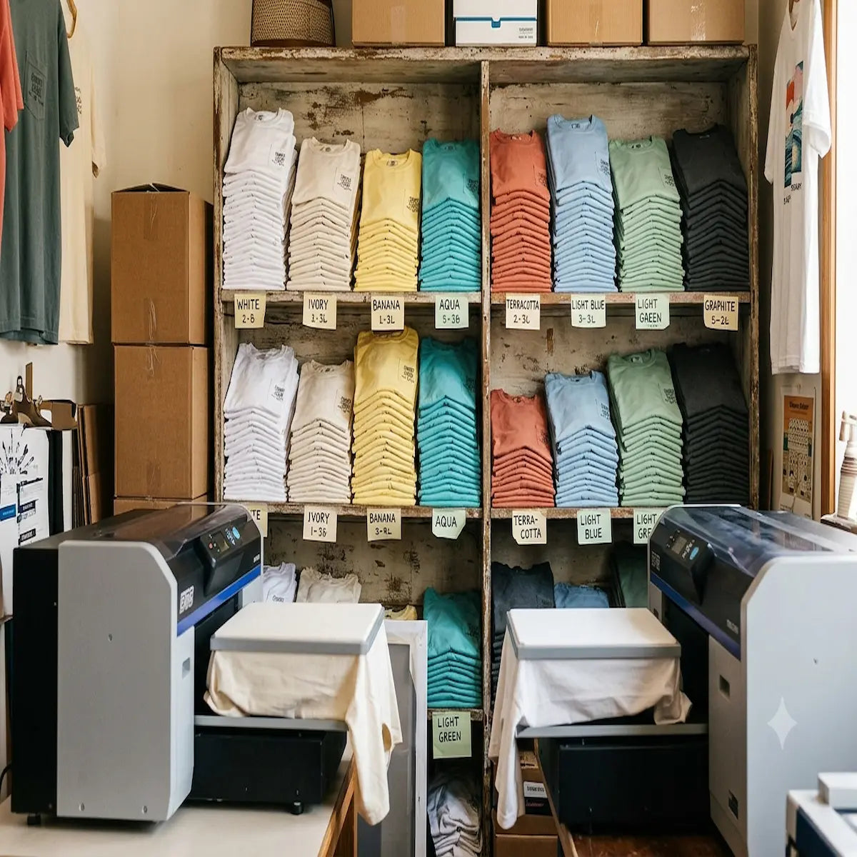 A retail or workshop interior showing shelves filled with neatly folded T-shirts in many colors, with two large white and gray garment printers 