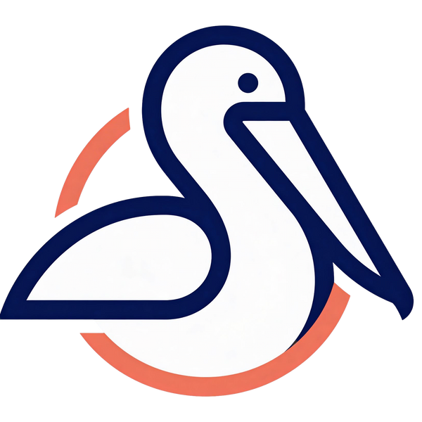 Logo of a pelican with a red circle on a white background