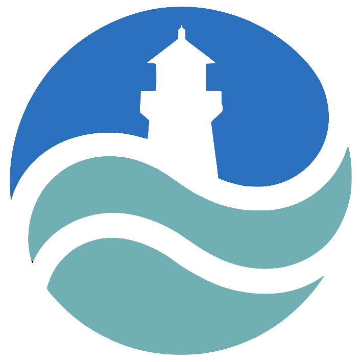Logo with a lighthouse and wavy lines on a white background