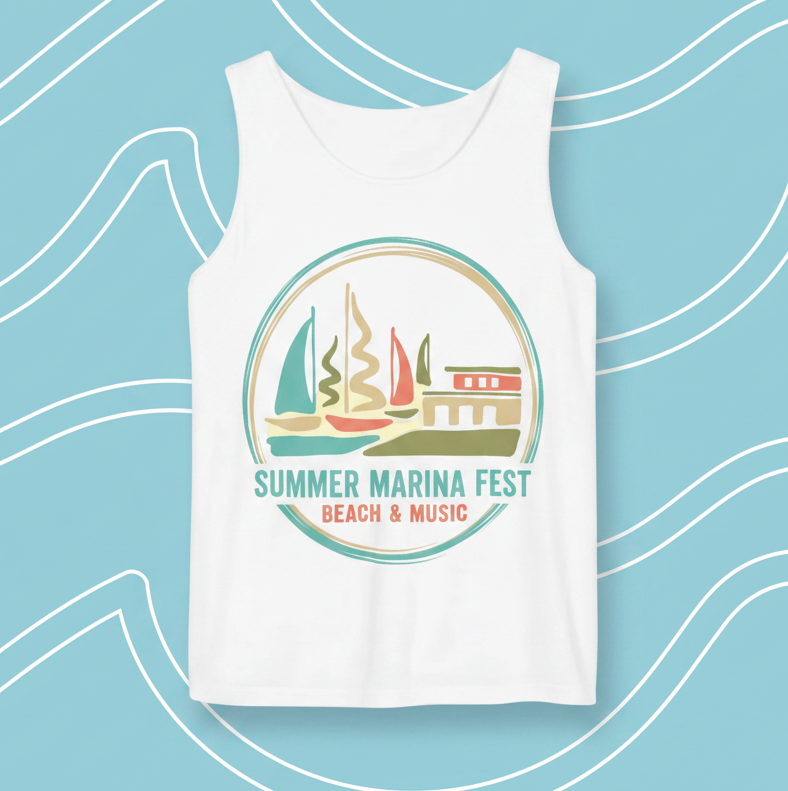 White Tank Front - Light Blue Wave BG