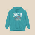 Charleston Sea Oats hoodie flat lay, view 1 — CHARLESTON wordmark over sea oats graphic pullover by Five Tides Apparel