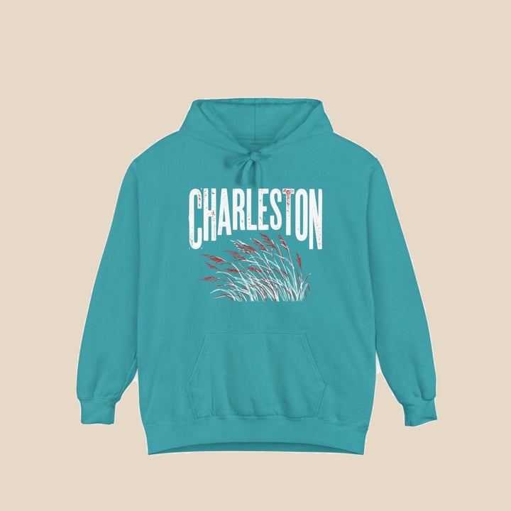 Charleston Sea Oats hoodie flat lay, view 1 — CHARLESTON wordmark over sea oats graphic pullover by Five Tides Apparel