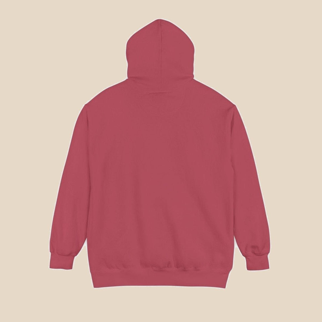 Charleston Sea Oats crimson hoodie flat lay — plain back of this coastal graphic pullover by Five Tides Apparel
