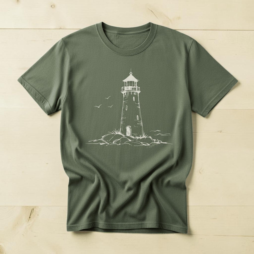 Atlantic Coast Lighthouse Sketch sage garment-dyed tee on weathered wood planks