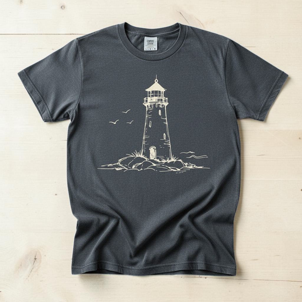 Atlantic Coast Lighthouse Sketch graphite garment-dyed tee on weathered wood planks