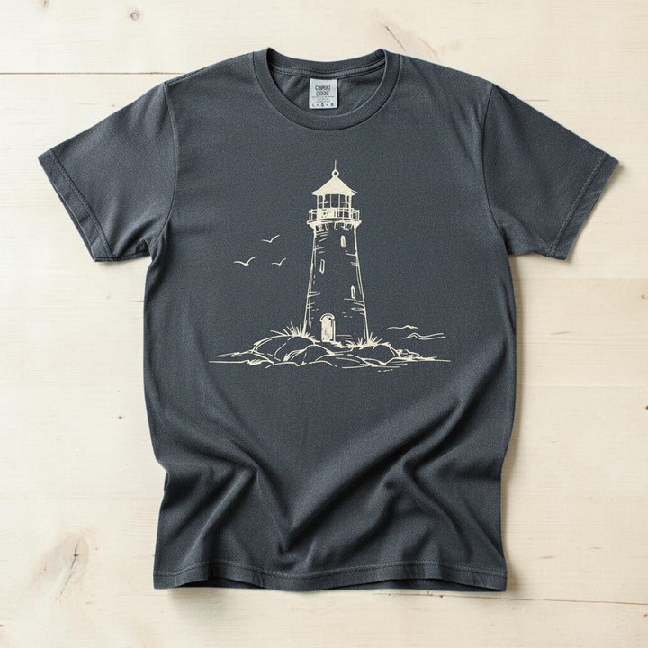 Atlantic Coast Lighthouse Sketch graphite garment-dyed tee on weathered wood planks