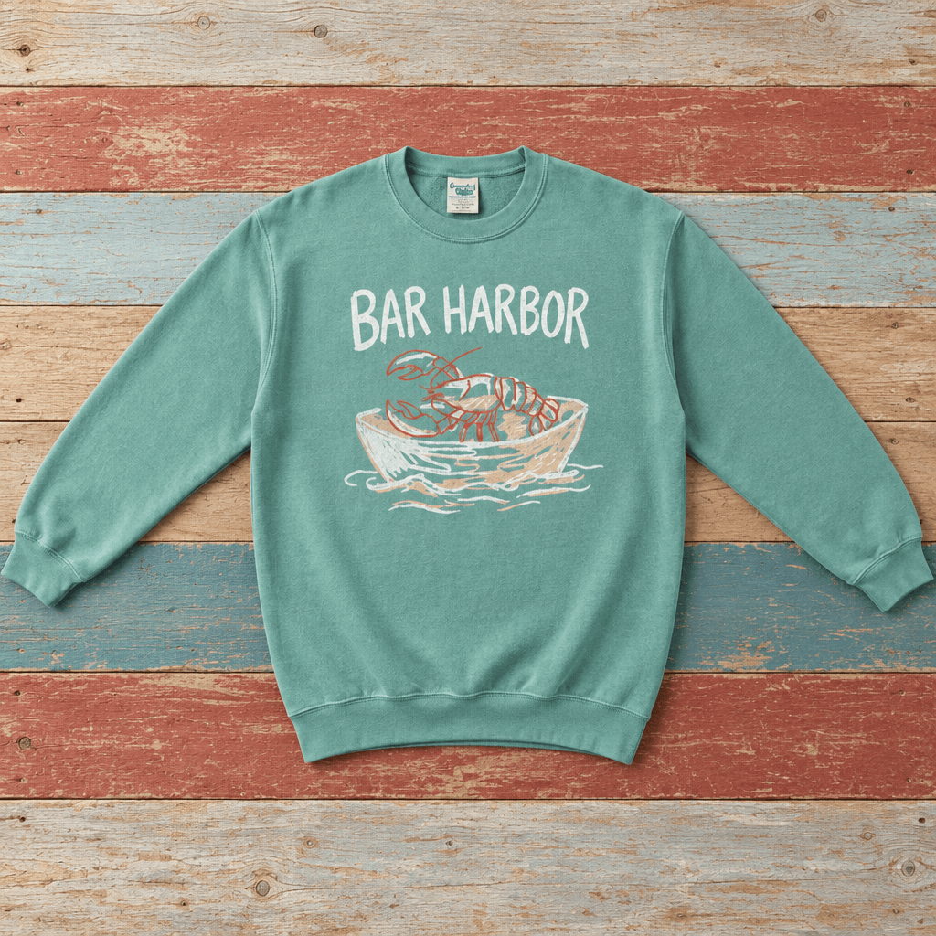 Bar Harbor lobster boat sweatshirt front in Seafoam on colorful weathered driftwood boards