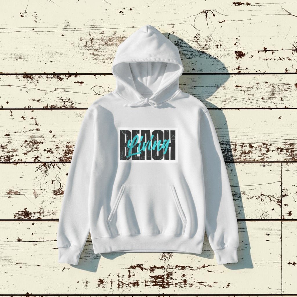 White Beach Living hoodie - white background