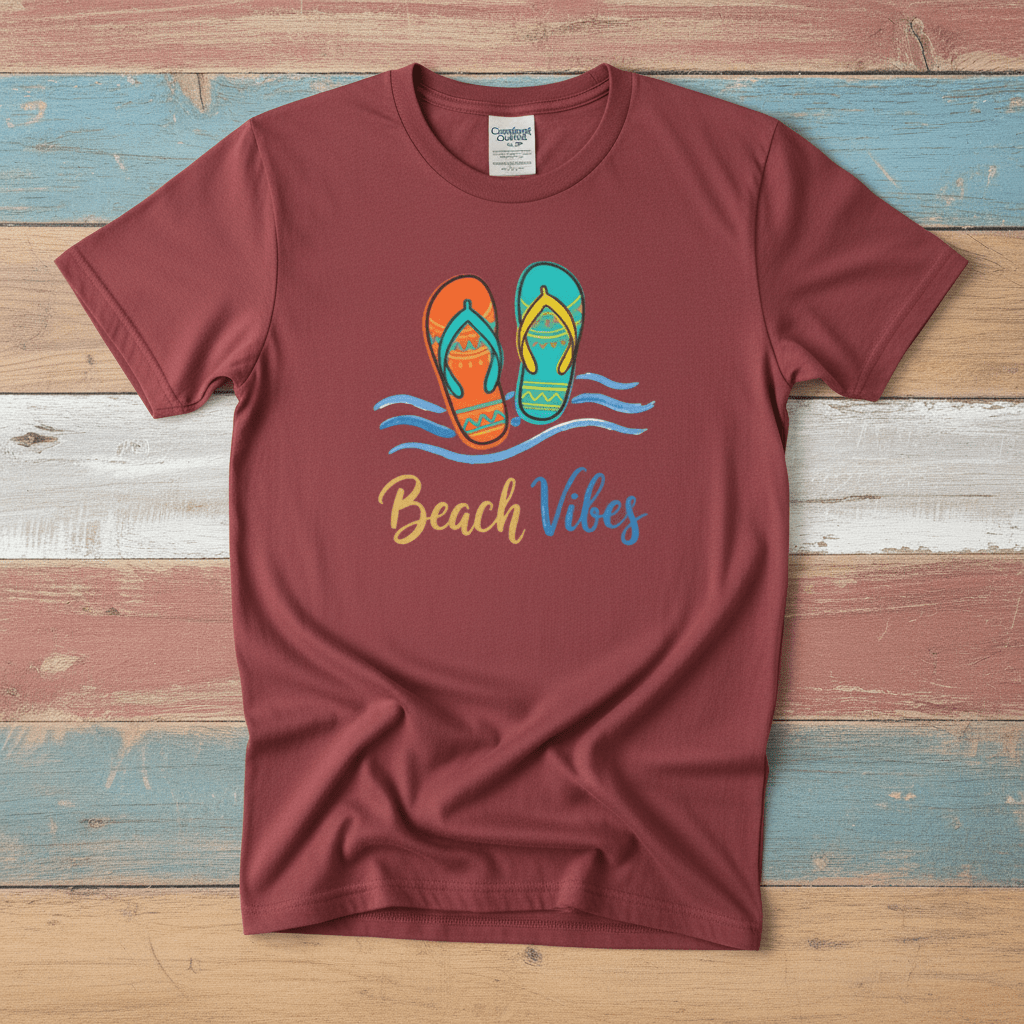 Flat lay - crimson red Beach Vibes tee with Comfort Colors label on weathered driftwood planks