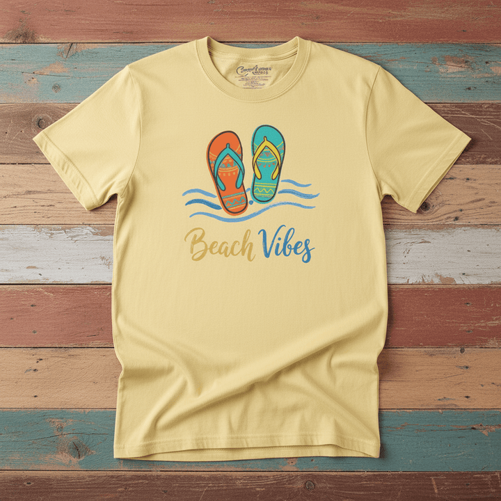 Flat lay - butter yellow Beach Vibes tee with Comfort Colors label on weathered driftwood planks