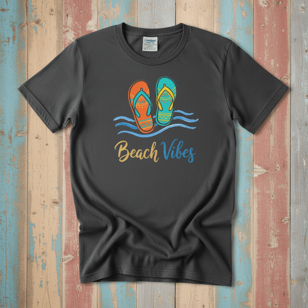 Flat lay - charcoal Beach Vibes tee with Comfort Colors label on weathered driftwood planks