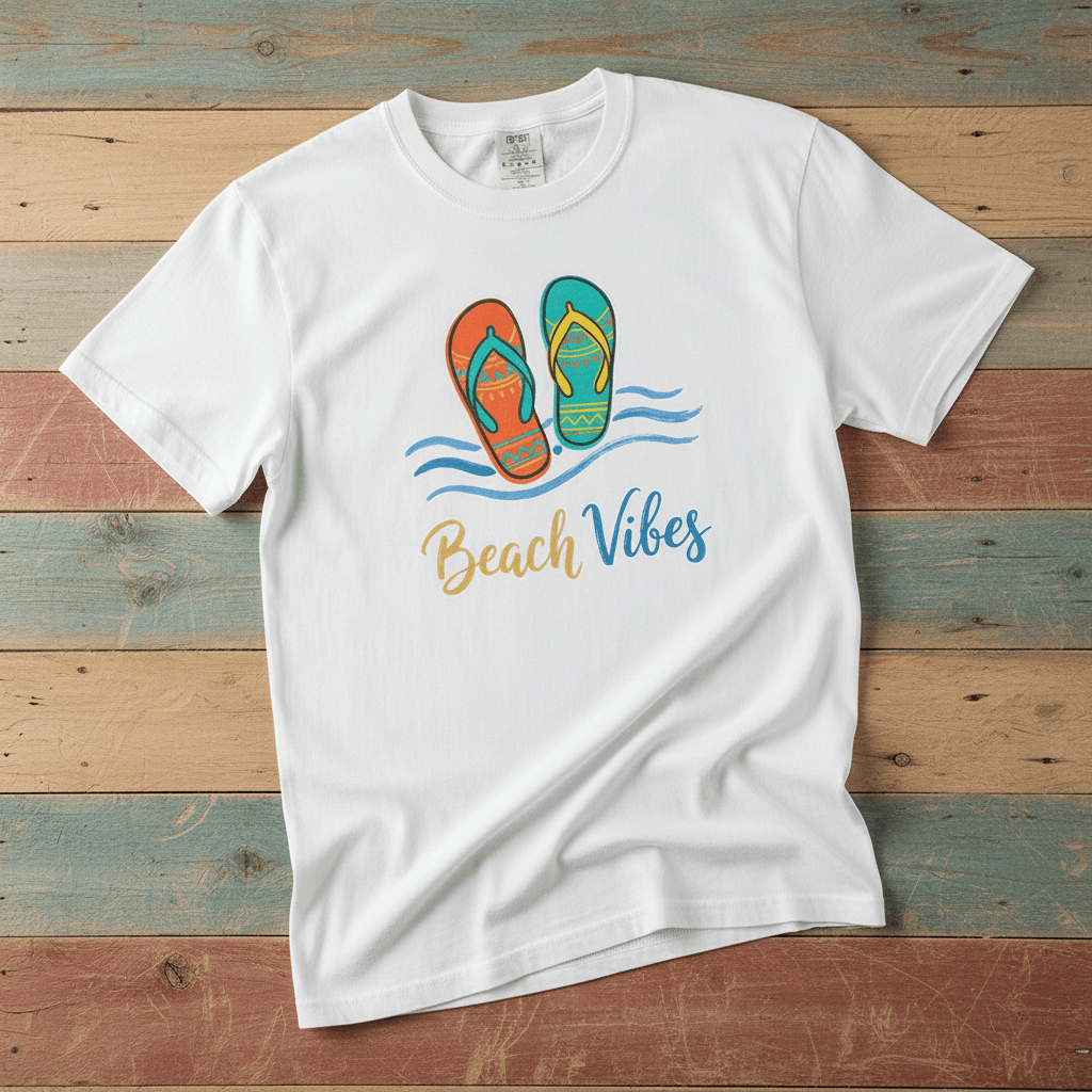 Flat lay - white Beach Vibes tee with Comfort Colors label on weathered driftwood planks