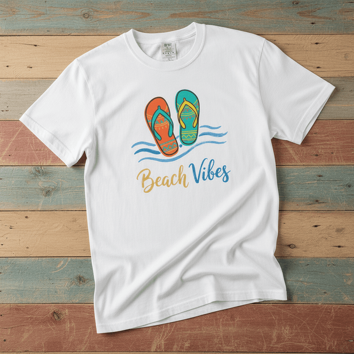 Flat lay - white Beach Vibes tee with Comfort Colors label on weathered driftwood planks