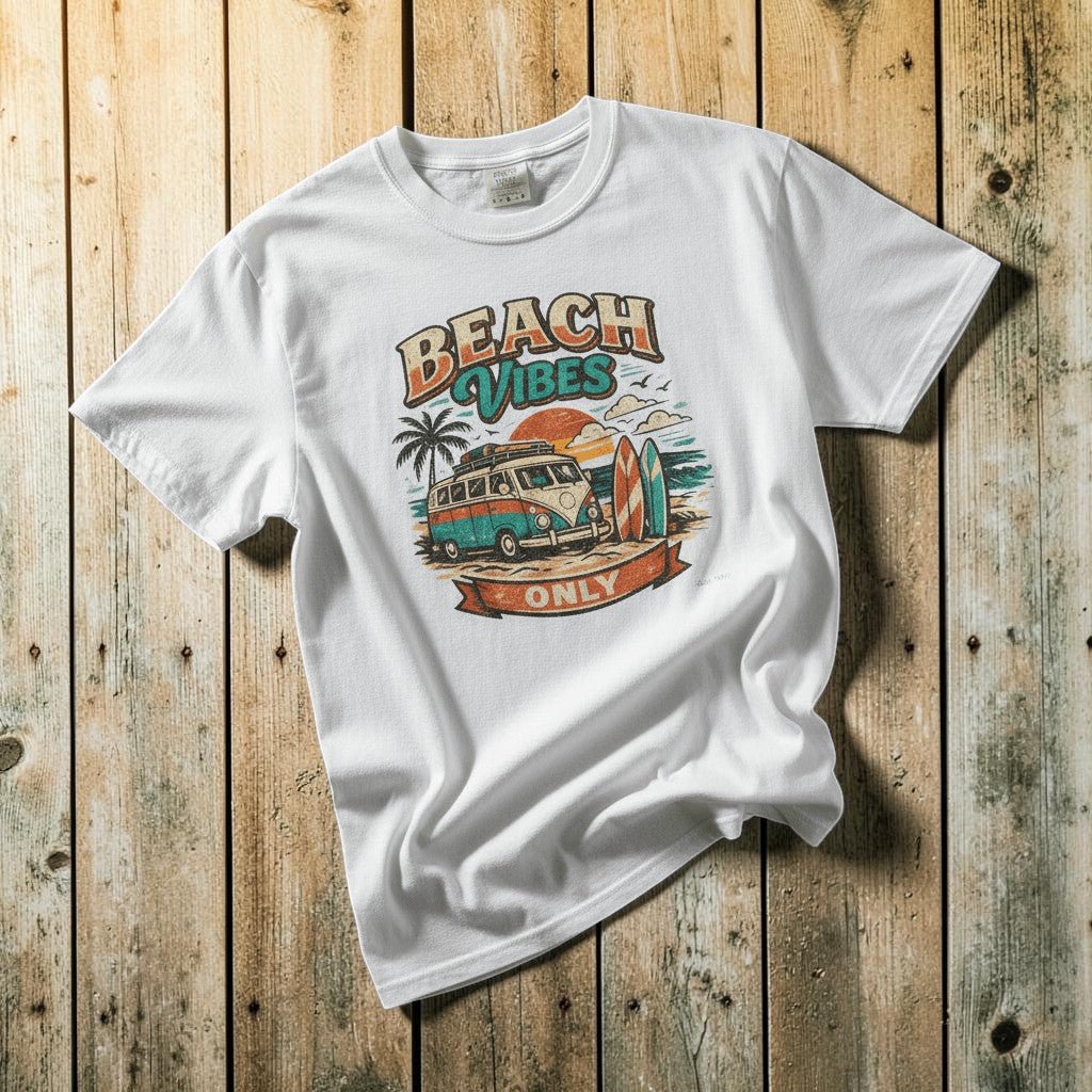 Beach Vibes Surf Van white garment-dyed tee casually tousled on rustic reclaimed wood