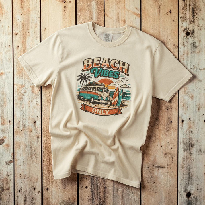 Beach Vibes Surf Van ivory garment-dyed tee casually tousled on rustic reclaimed wood