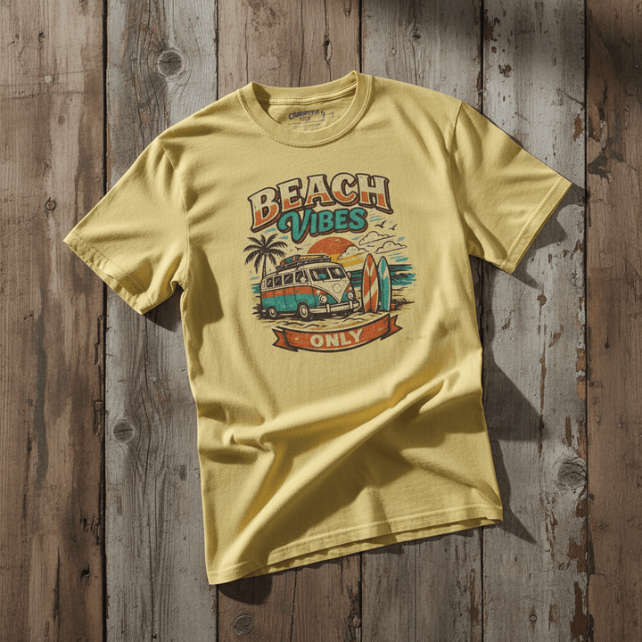 Beach Vibes Surf Van banana garment-dyed tee casually tousled on rustic reclaimed wood