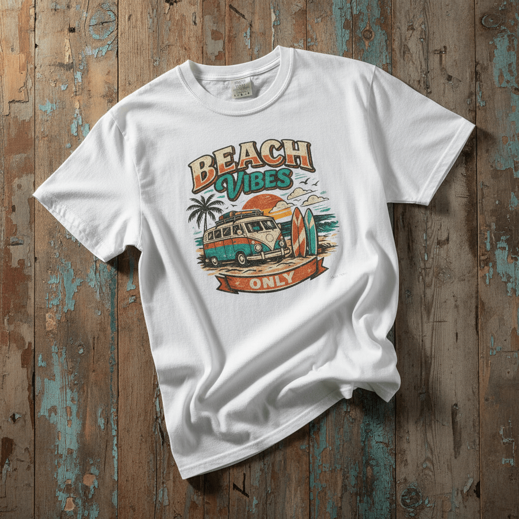 Beach Vibes Surf Van white garment-dyed tee casually tousled on rustic reclaimed wood