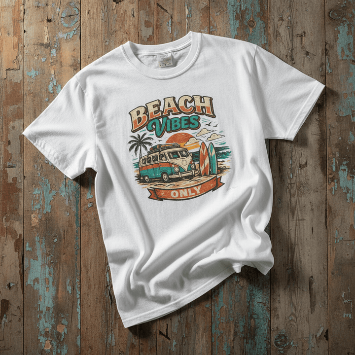 Beach Vibes Surf Van white garment-dyed tee casually tousled on rustic reclaimed wood
