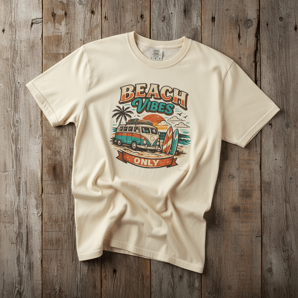Beach Vibes Surf Van ivory garment-dyed tee casually tousled on rustic reclaimed wood