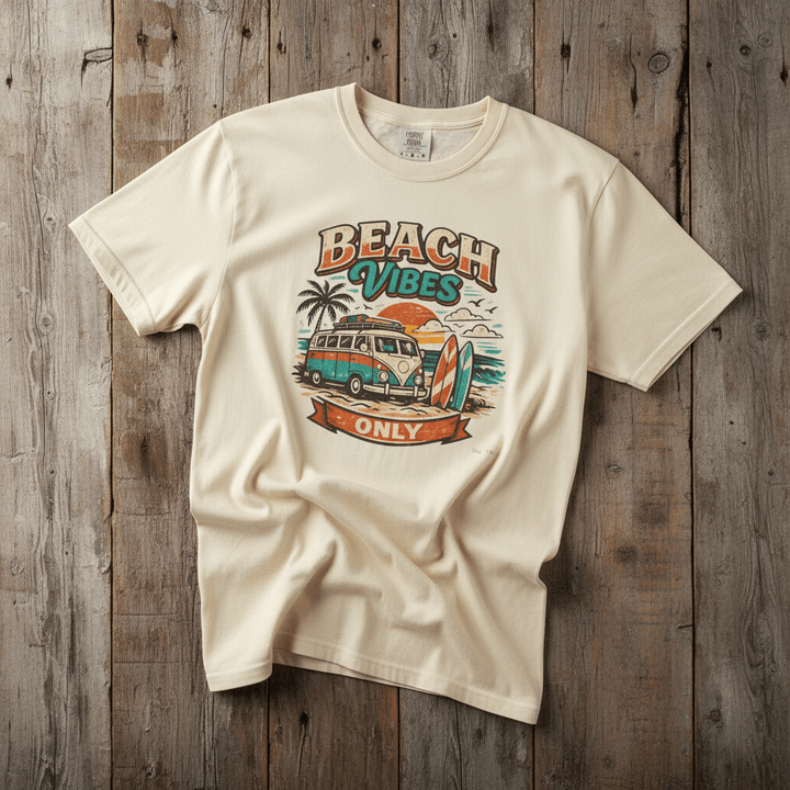 Beach Vibes Surf Van ivory garment-dyed tee casually tousled on rustic reclaimed wood