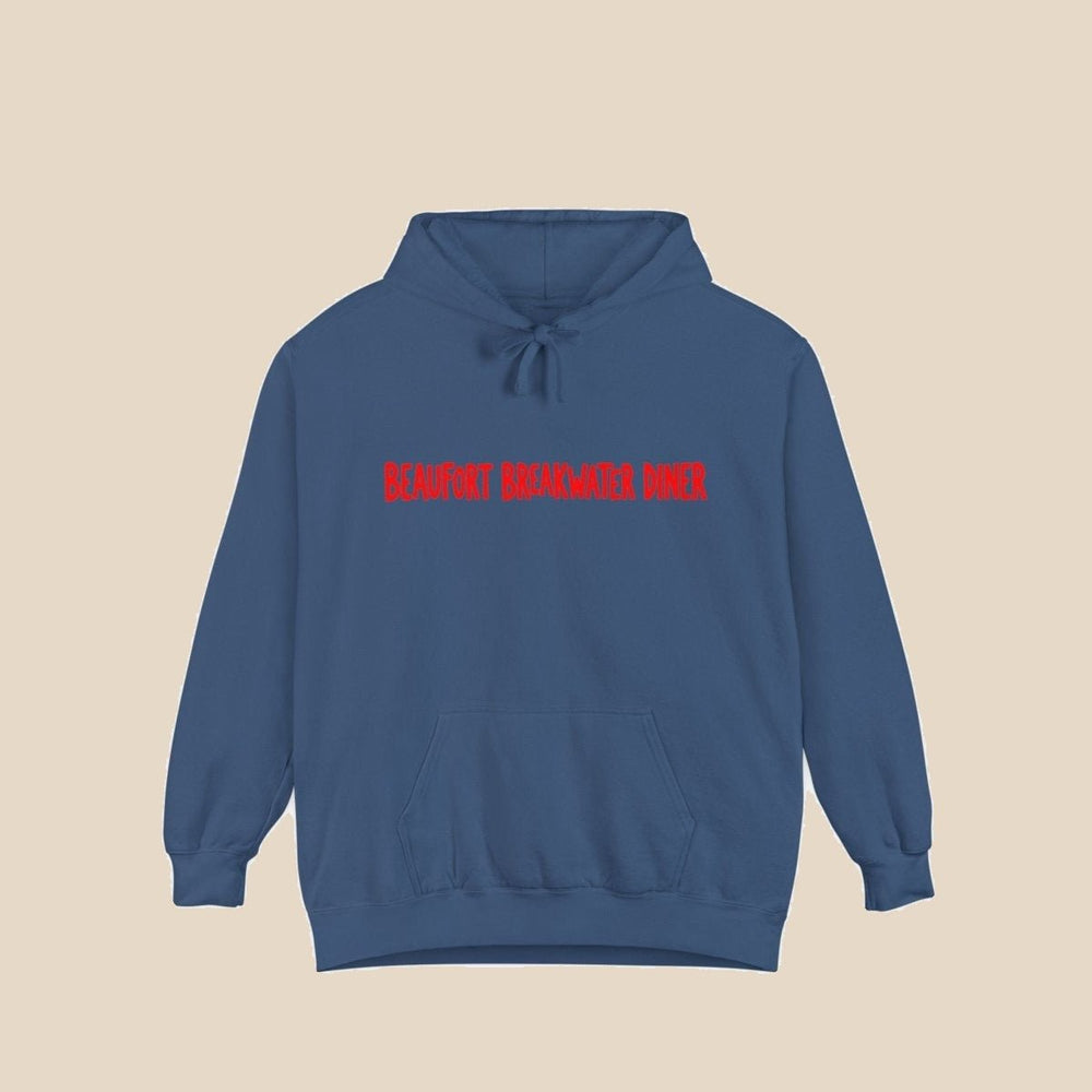 Beaufort Breakwater Diner true navy hoodie front view — Beaufort Breakwater Diner graphic pullover by Five Tides Apparel