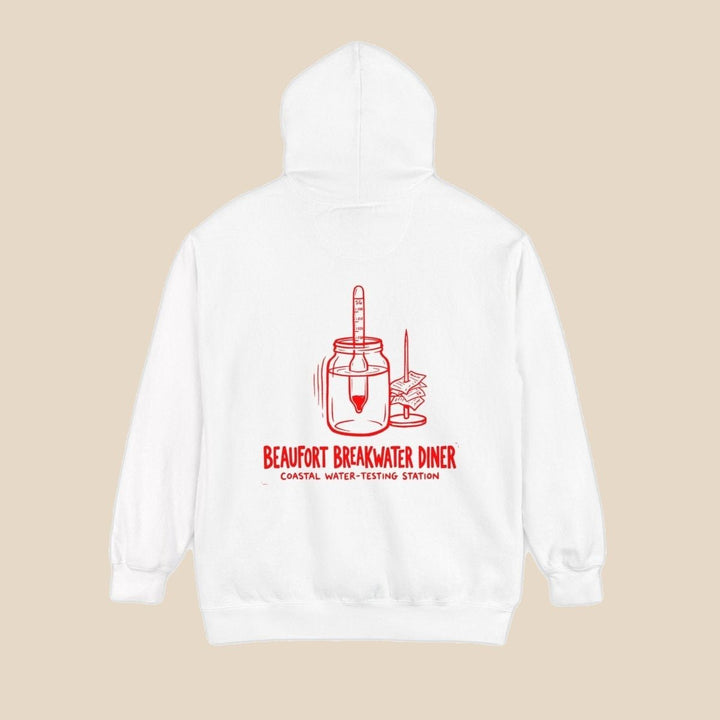 Beaufort Breakwater Diner white hoodie back view — Coastal Water-Testing Station graphic pullover by Five Tides Apparel