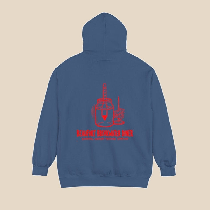 Beaufort Breakwater Diner true navy hoodie back view — Coastal Water-Testing Station graphic pullover by Five Tides Apparel