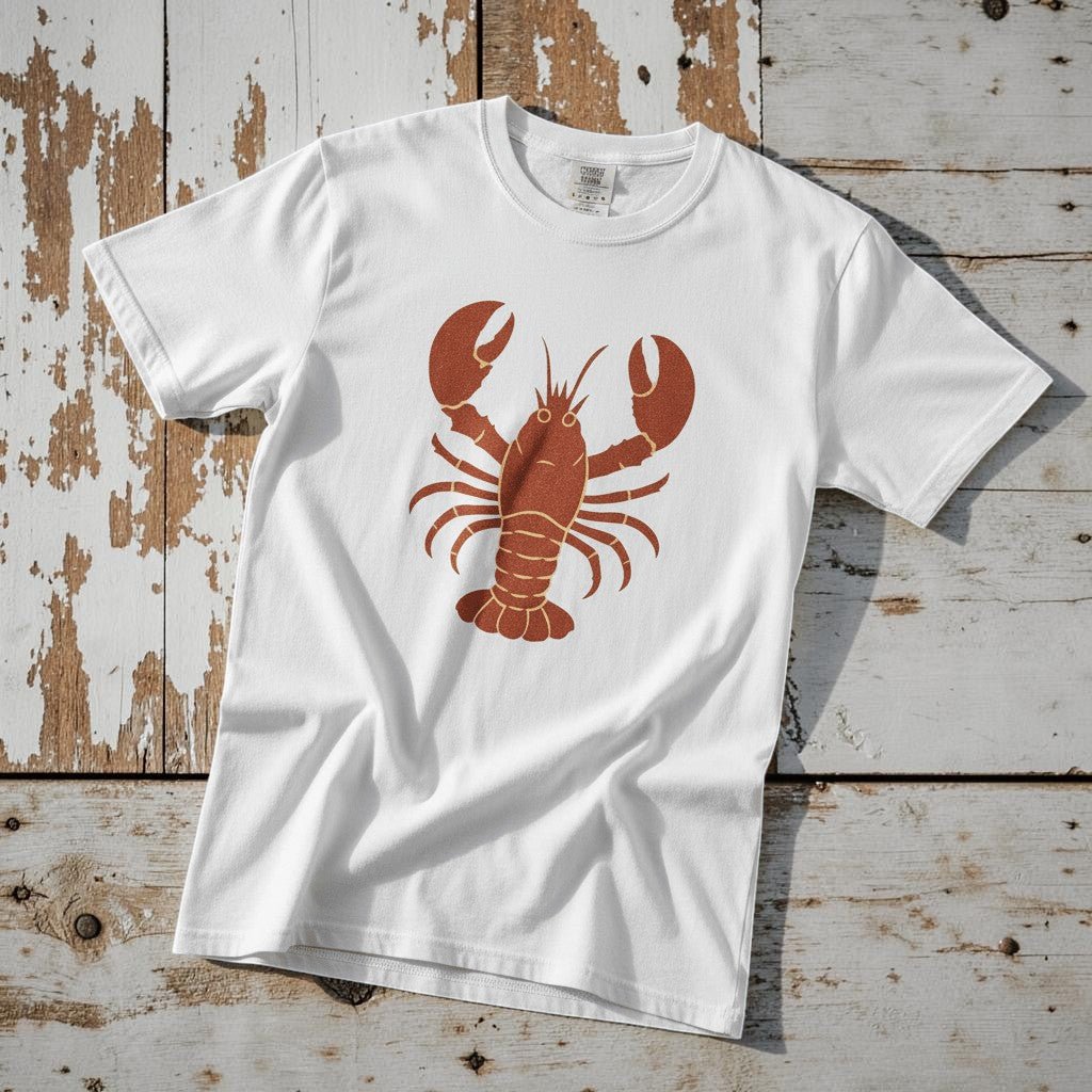 Big Red Lobster white garment-dyed tee on faded driftwood planks