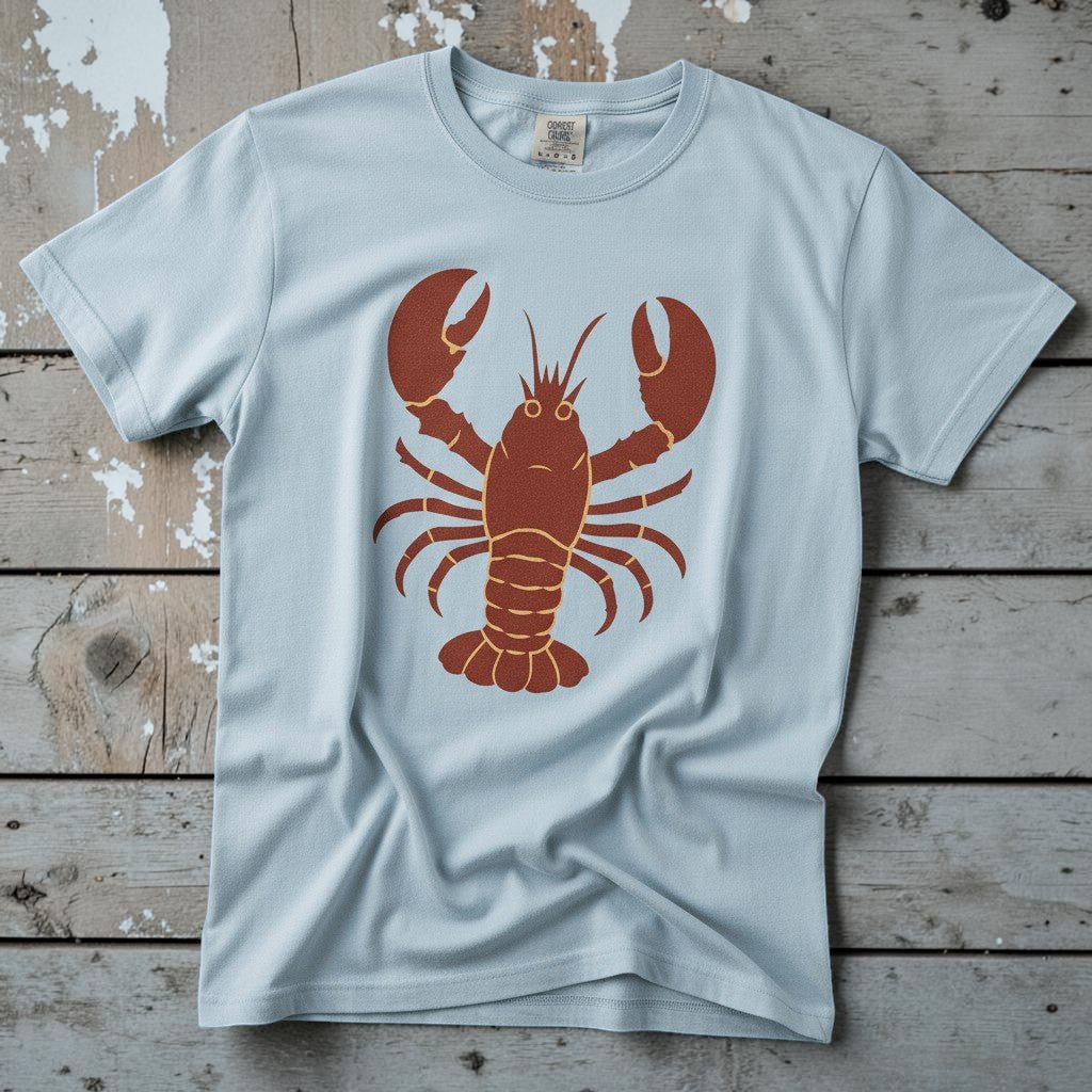 Big Red Lobster chambray garment-dyed tee on faded driftwood planks